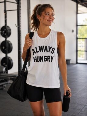 Source Unknown White Tank Top with Black "Always Hungry" Print